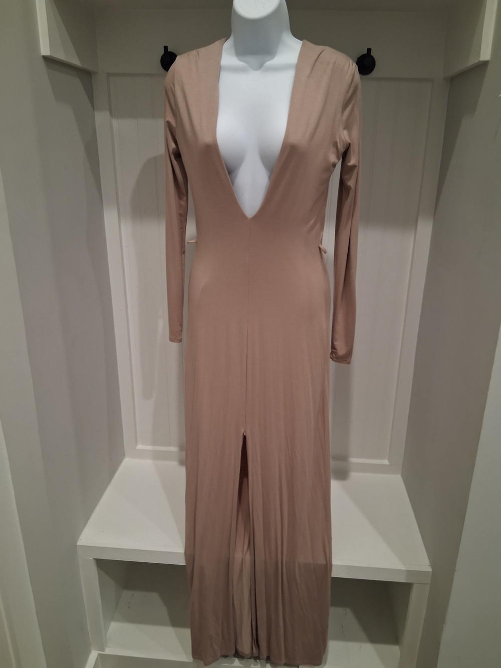 Deep V Long-Sleeve Maxi Dress in Beige